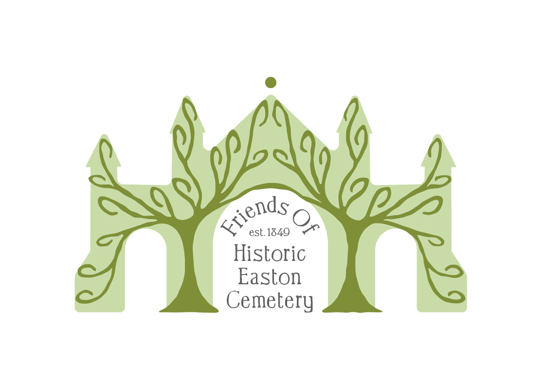 logo 1 with friends of historic easton cemetery within the cemetery entryway framed by trees