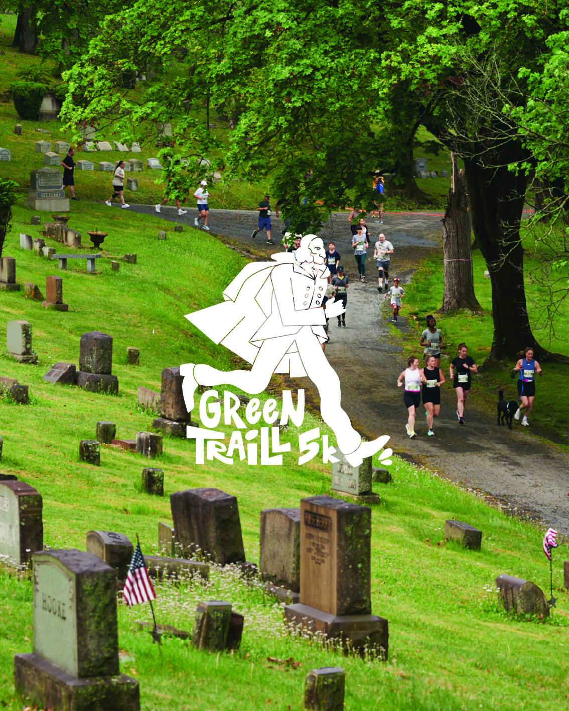 photo from green traill race - line of runners on path in cemetery