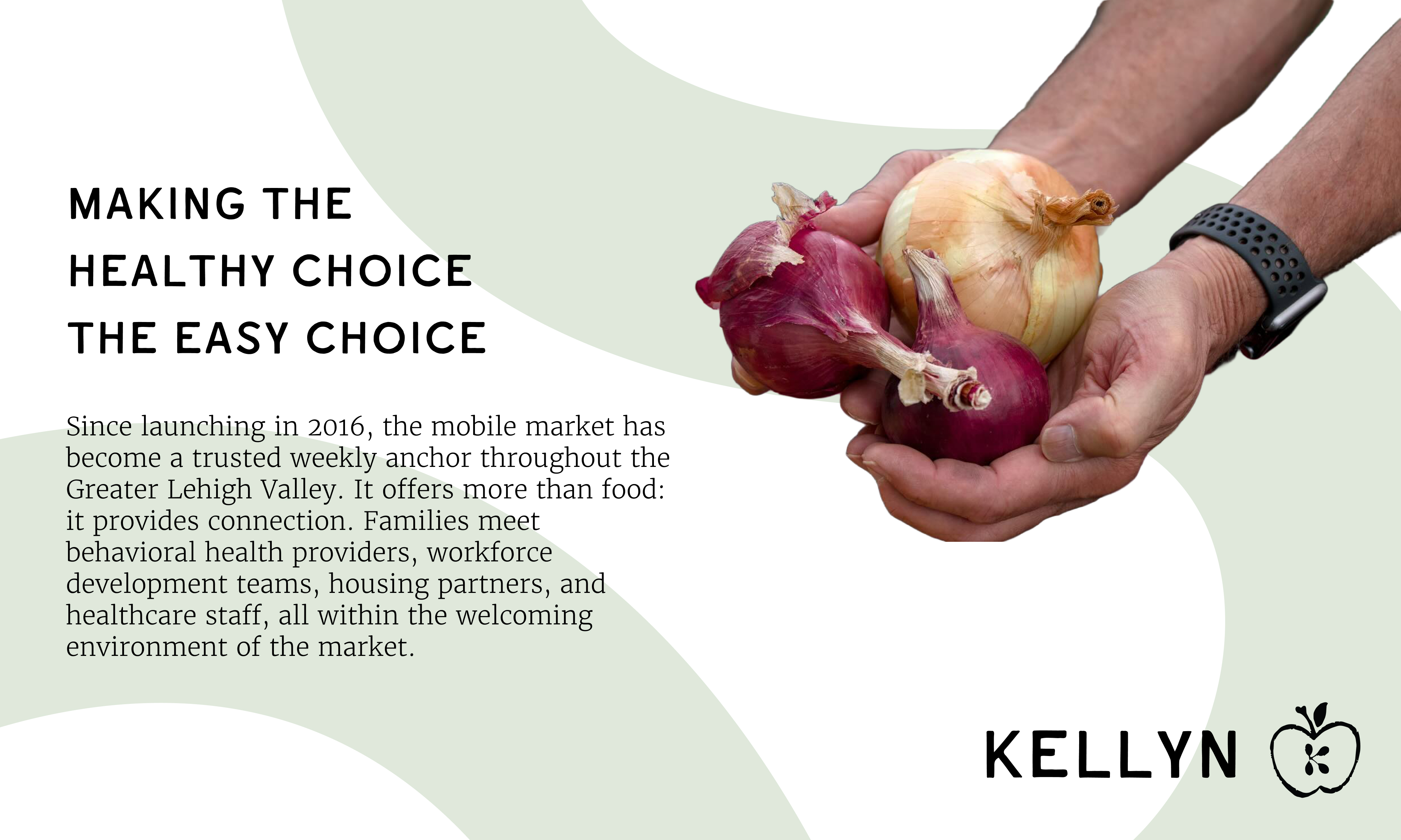 Kellyn info slide - making the healthy choice the easy choice, and an image of hands holding onions