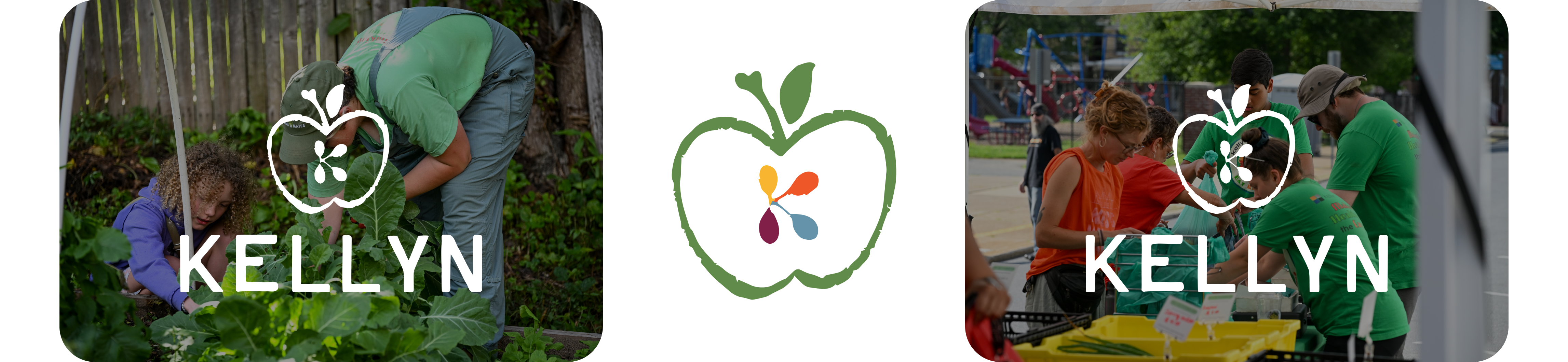 Kellyn logo - an apple with seeds in the shape of k in the middle, shown in white over a photo of people gardening, a photo of people preparing groceries at a market, and once in the original five color version