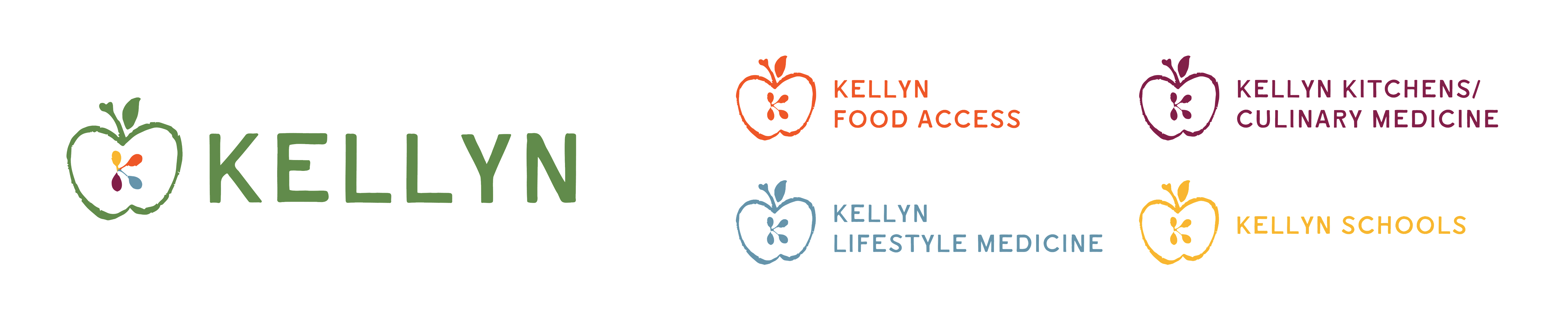 Kellyn logo - an apple with seeds in the shape of k in the middle, plus four additional versions in verying colors - food access, lifestyle medicine, kitchens/culinary medicine, and schools