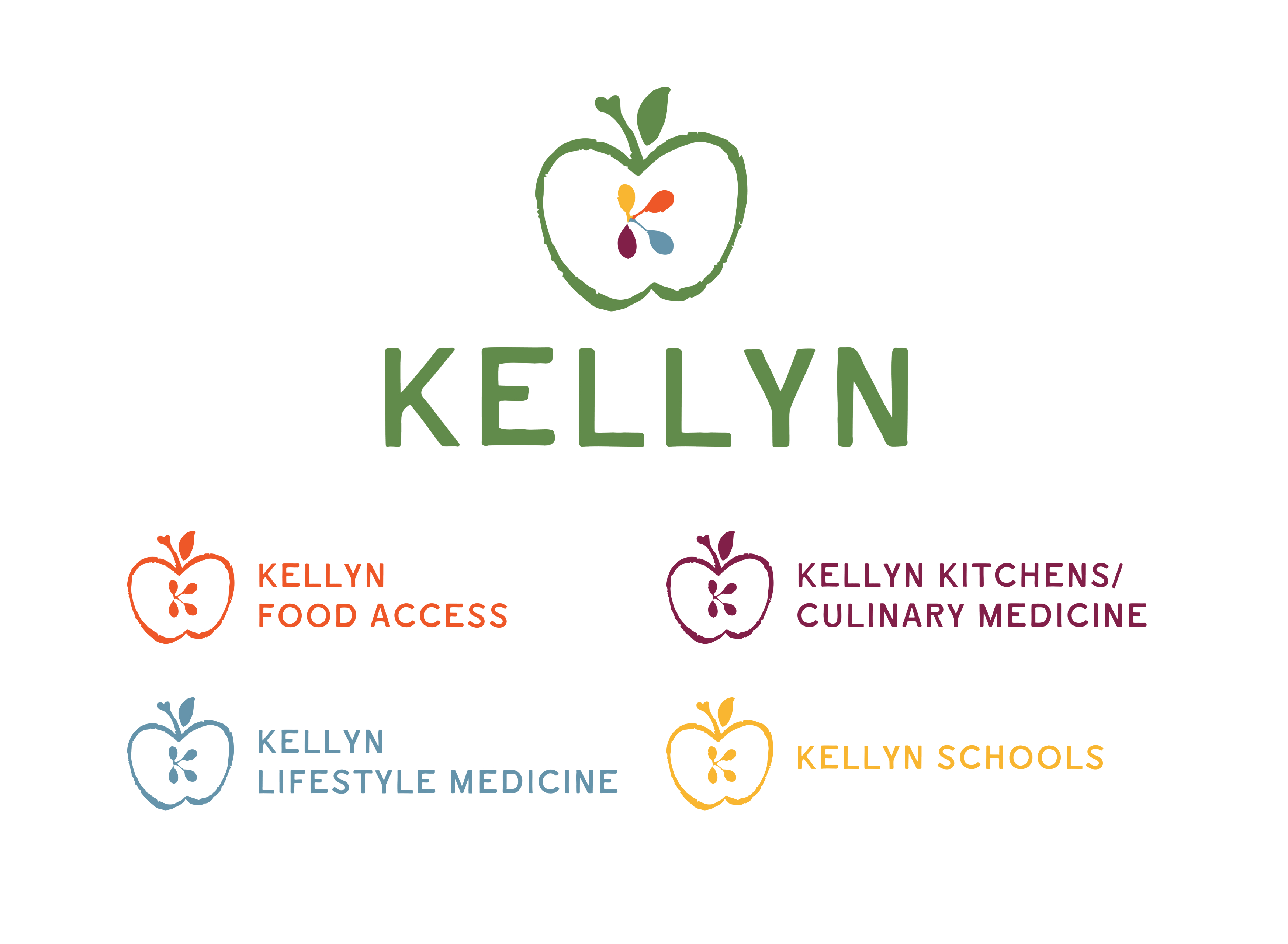 Kellyn logo - an apple with seeds in the shape of k in the middle, plus four additional versions in verying colors - food access, lifestyle medicine, kitchens/culinary medicine, and schools