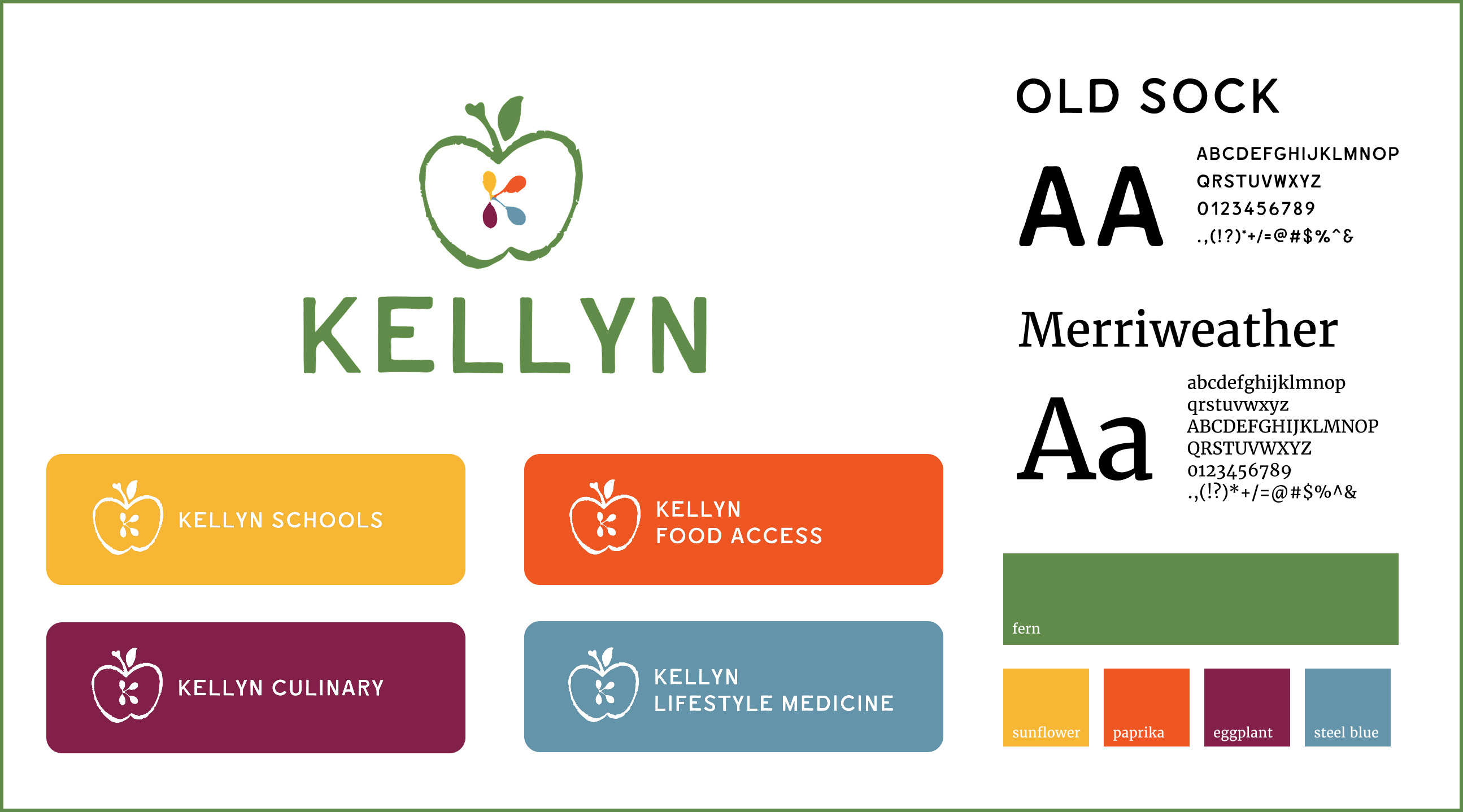 Kellyn logo - an apple with seeds in the shape of k in the middle, plus four additional versions in verying colors - food access, lifestyle medicine, kitchens/culinary medicine, and schools. typography and color palette - old sock, merriweather - green, yellow, orange, purple, blue.