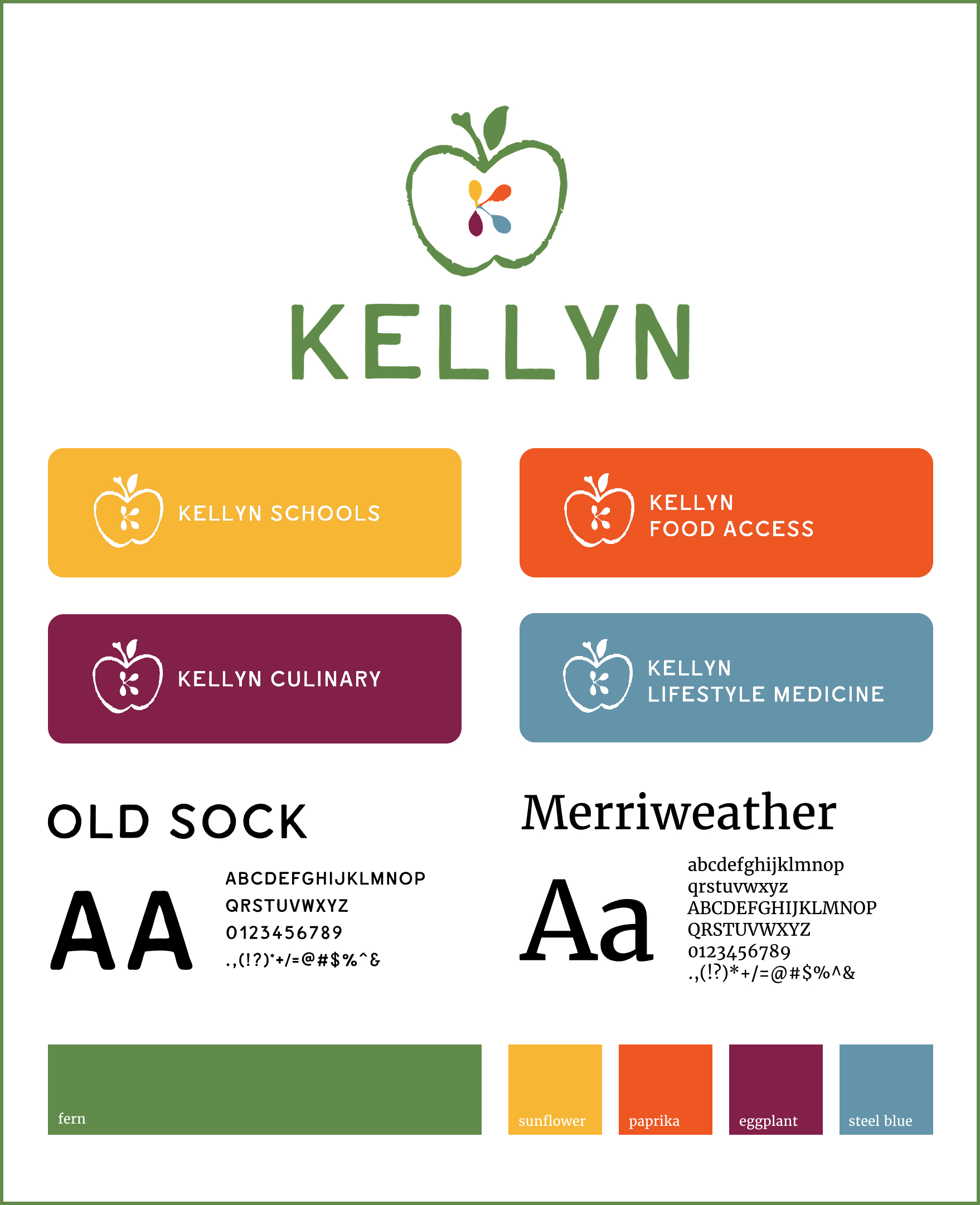 Kellyn logo - an apple with seeds in the shape of k in the middle, plus four additional versions in verying colors - food access, lifestyle medicine, kitchens/culinary medicine, and schools