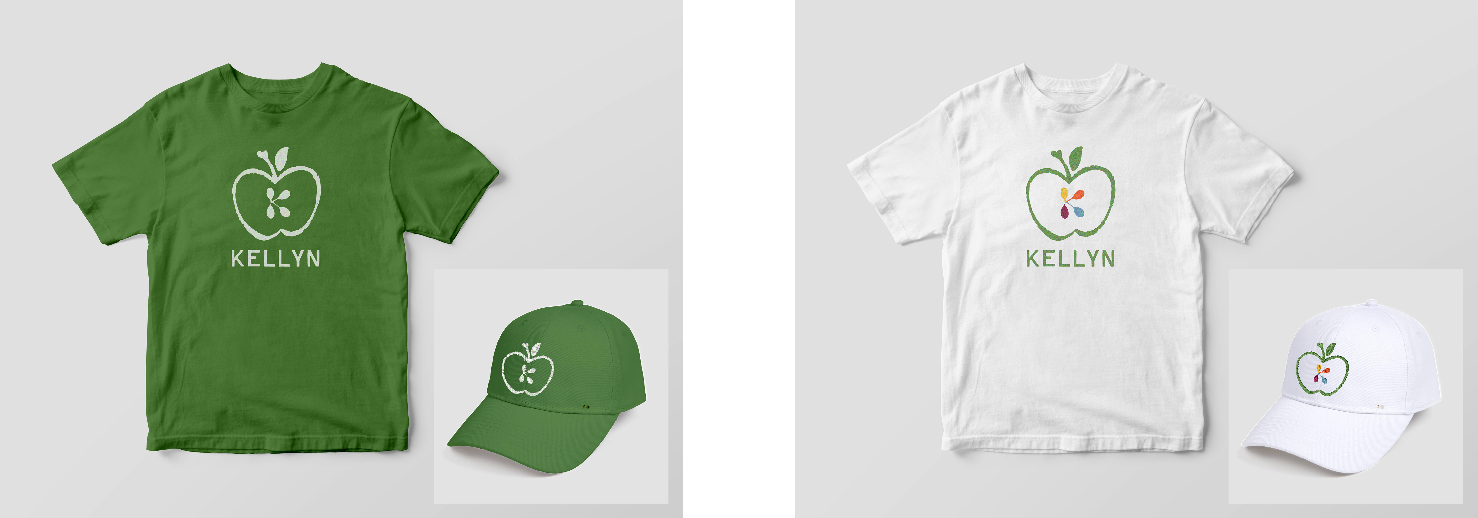 Kellyn mockups - a green and white t shirts and hats with the Kellyn logo