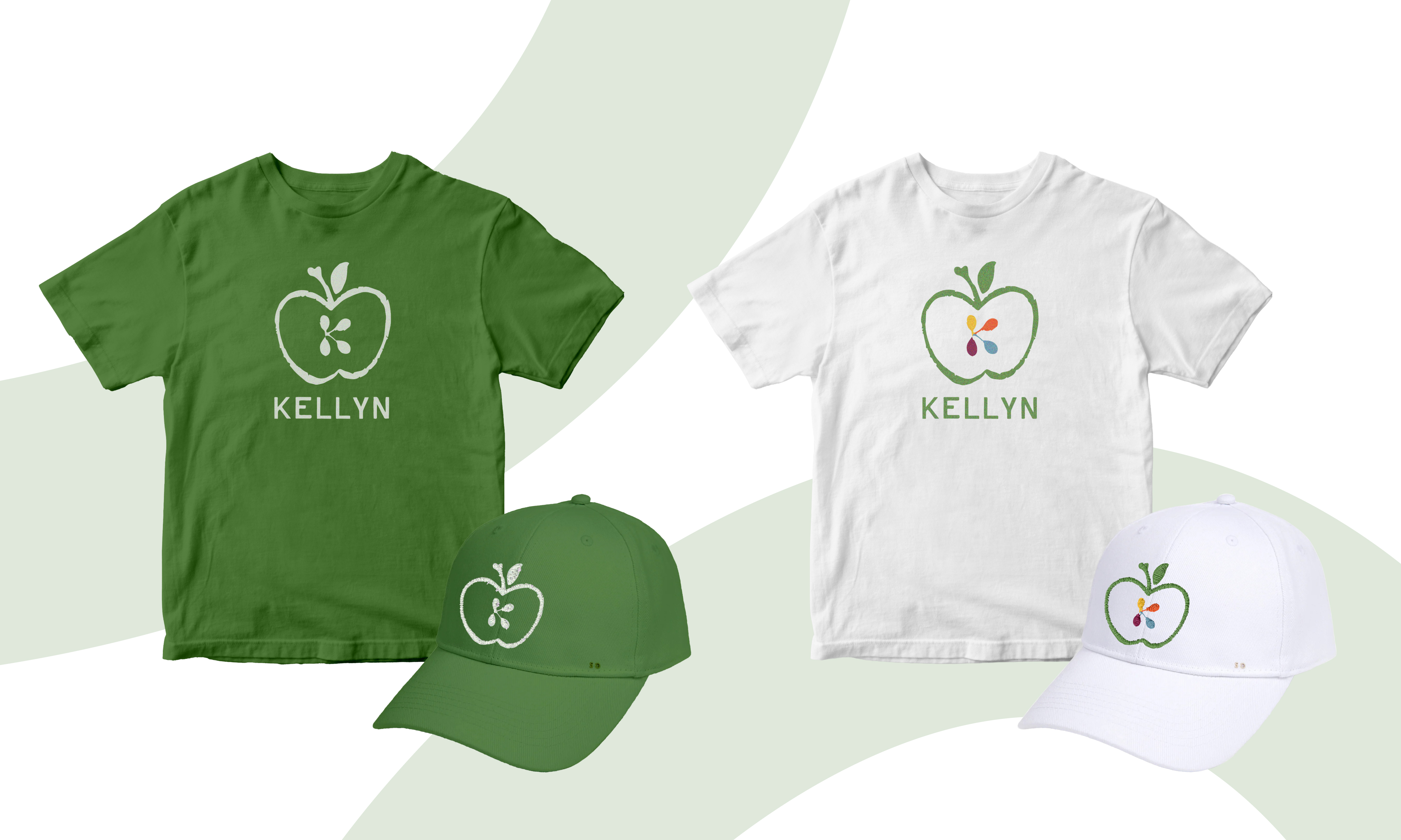 Kellyn info slide - two t shirts and hats in white and green with the Kellyn logo