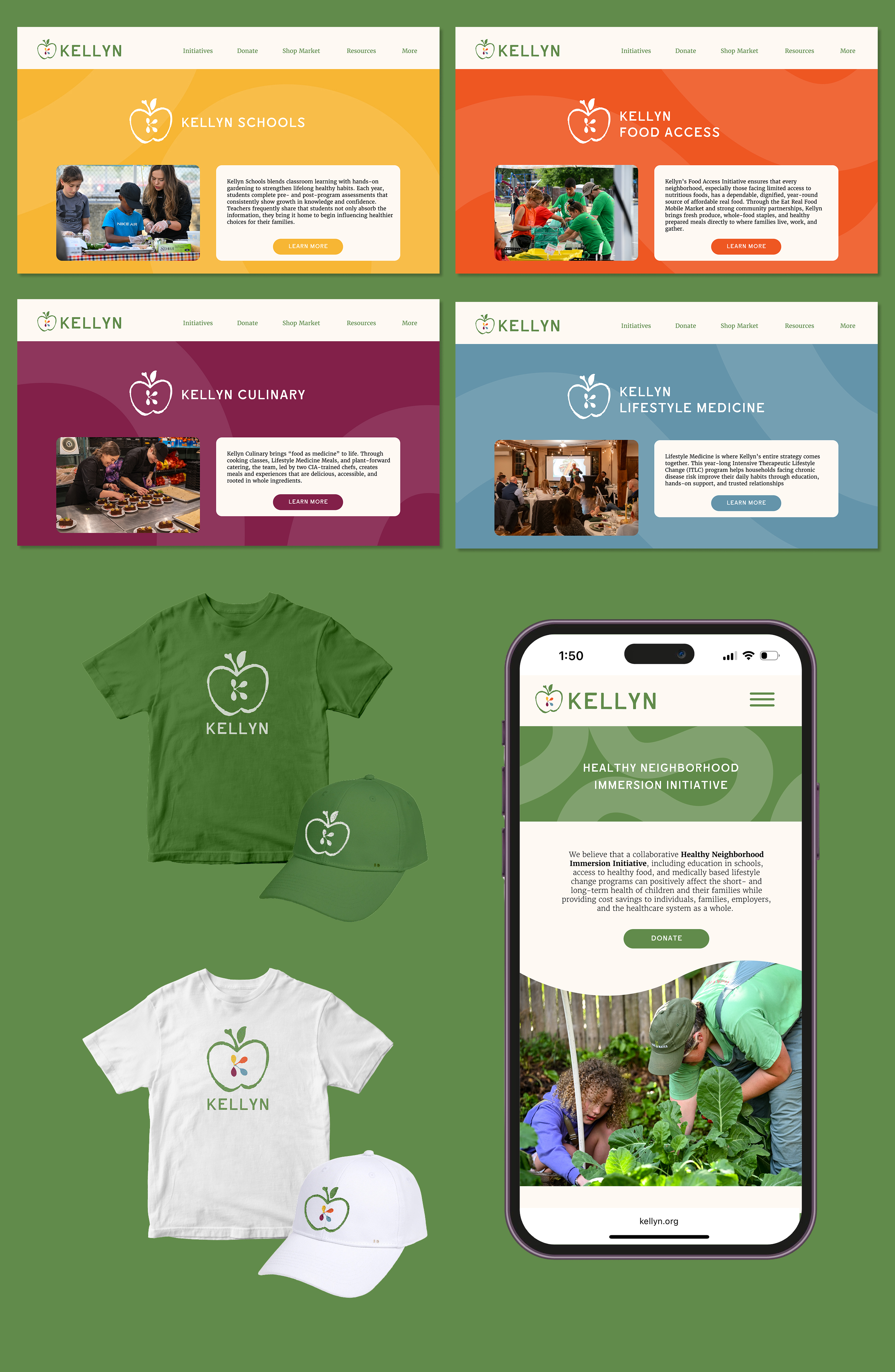 screenshots from a kellyn website mockup an desktop and phone, kellyn shirts and hats