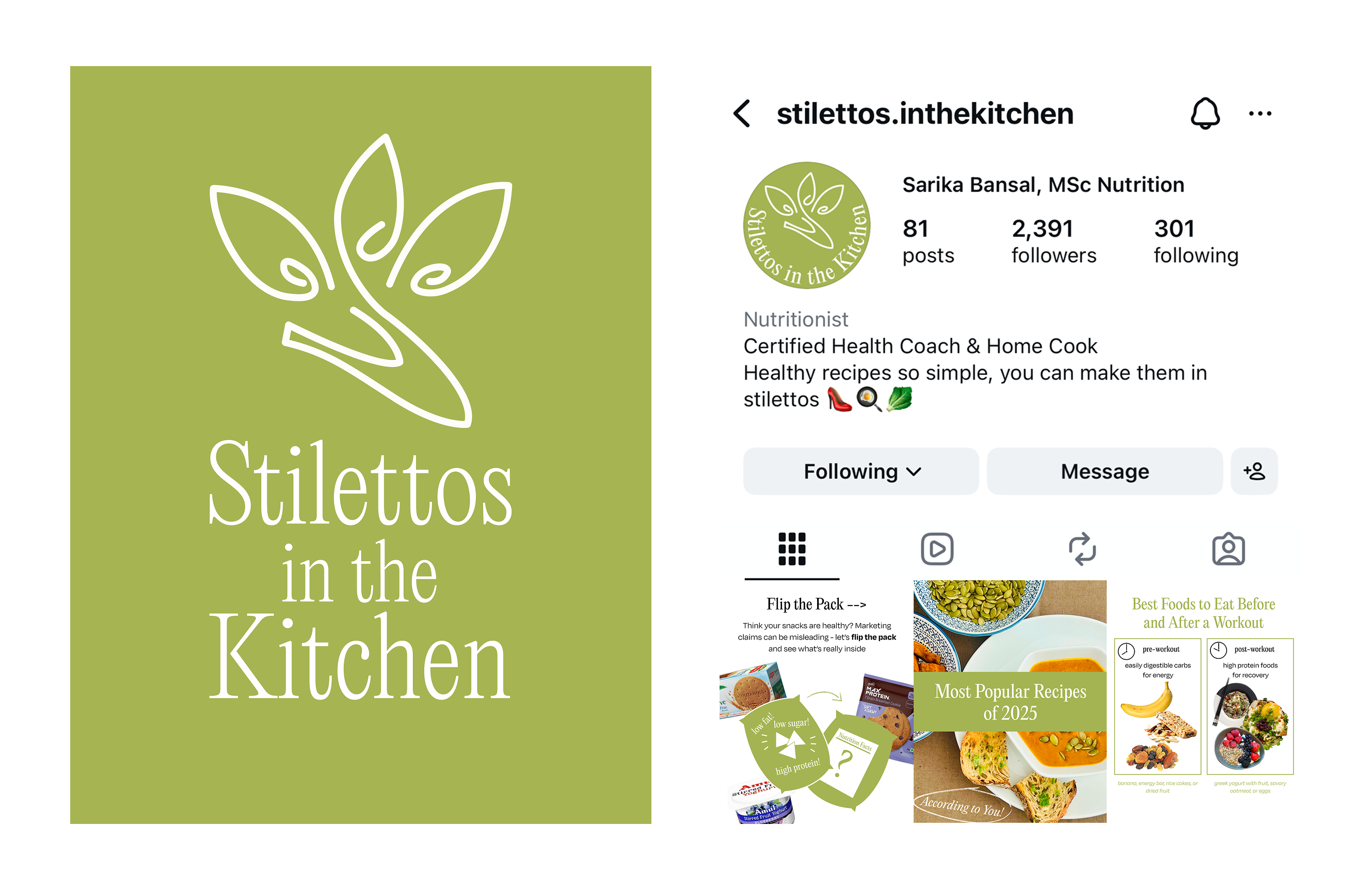 the stilettos in the kitchen logo, an outline of a shoe and two leaves, and a screenshot of the instagram