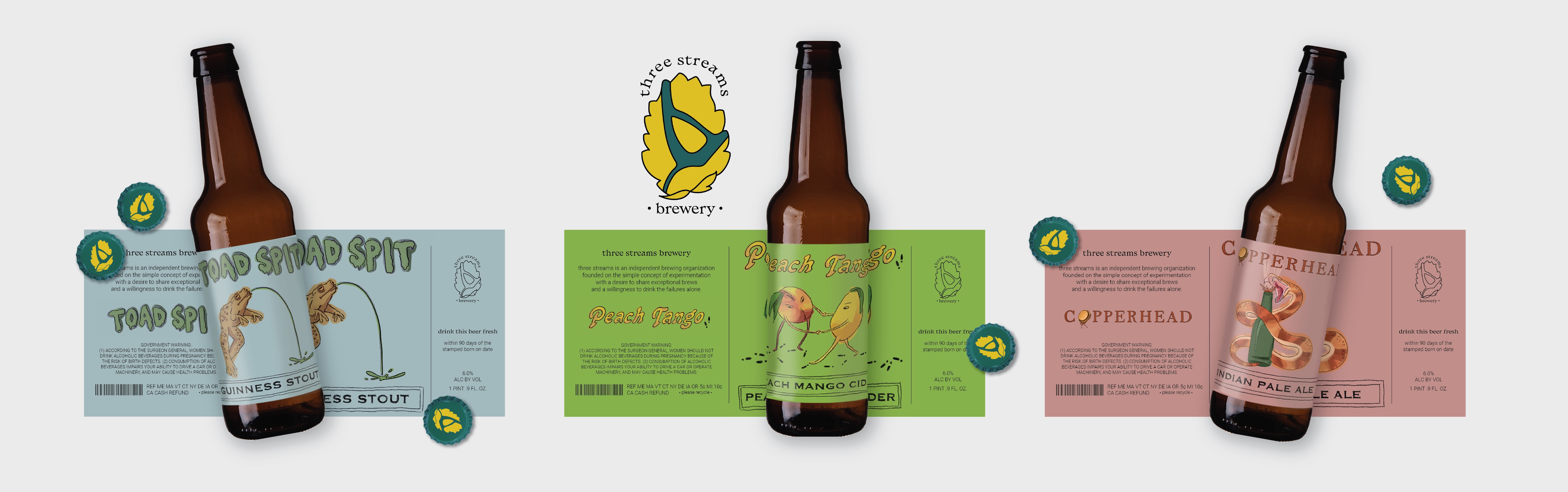 beer bottles with illustrated labels, and branded bottle caps