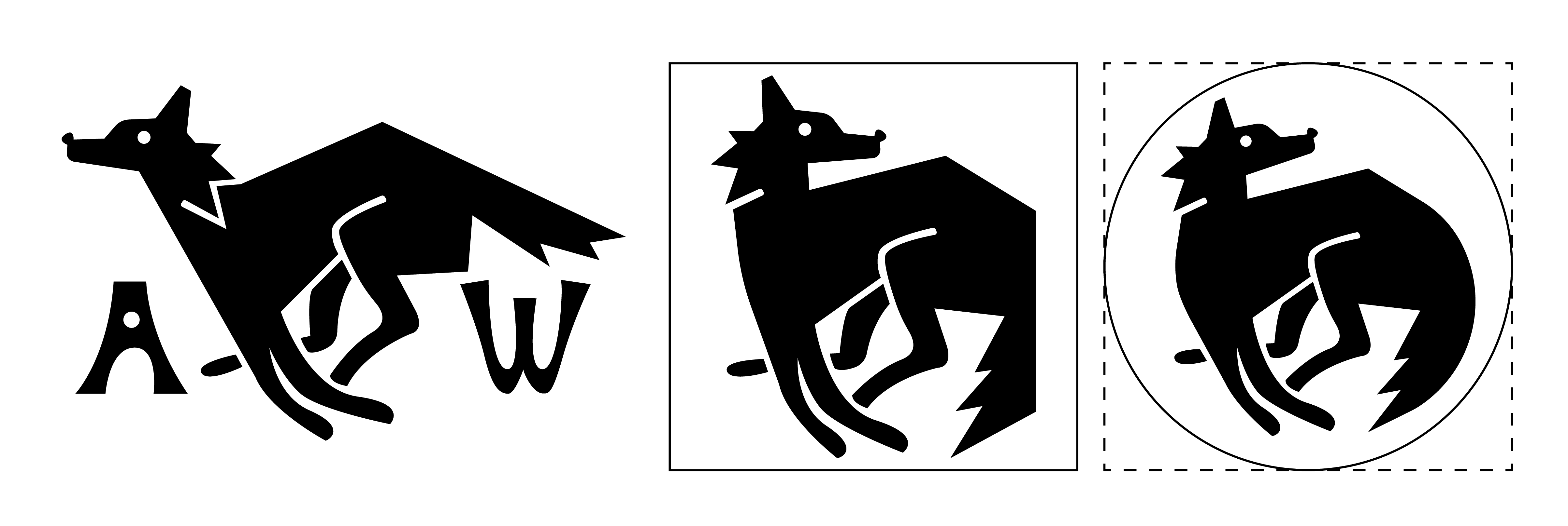 finalized wolf logos with three depicted - one running, one curled up for a square layout, and one curled up for a circular layout - and titles in custom lettering